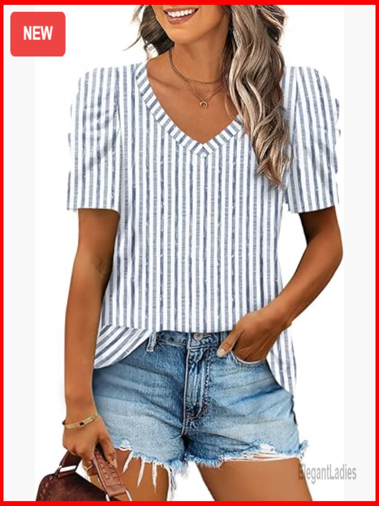 V Neck Puff Sleeve Tshirt Loose Fit Casual Summer Top